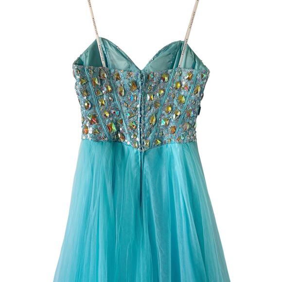 MASQUERADE Womens Size 1/2 Strapless Rhinestone Corset Tulle Prom Maxi Dress - Picture 4 of 7